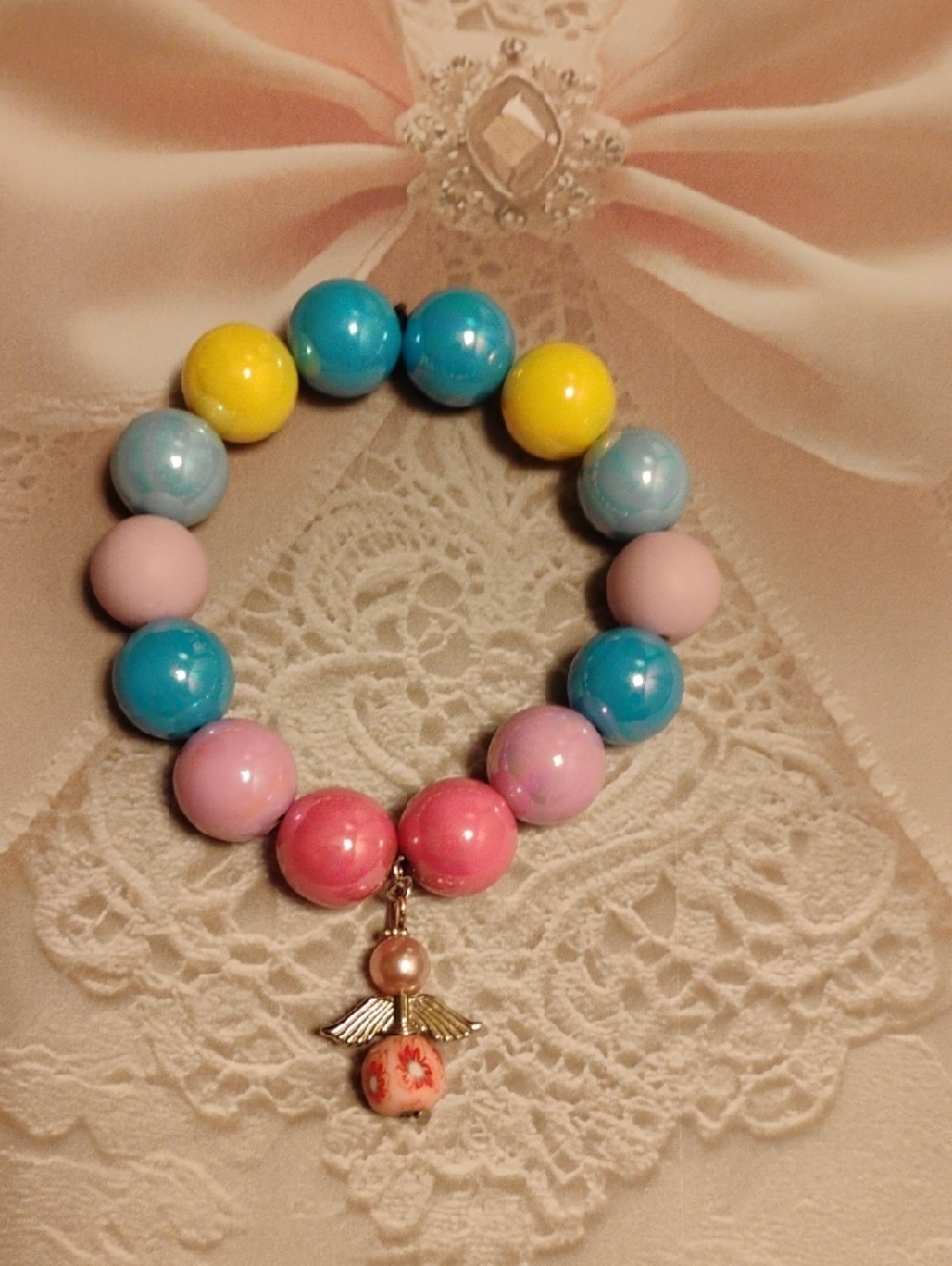 Colorful Pastel Beaded Bracelet with Angel Charm